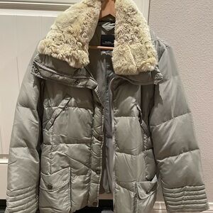 MaxMara Silver Puffer Jacket with Cream Faux Fur Collar